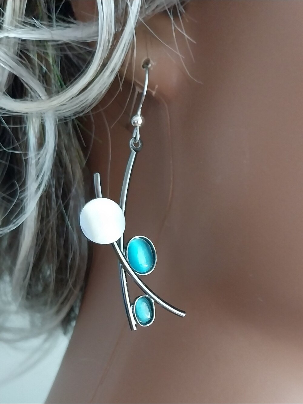 White and Teal Silver-Tone Drop Earrings